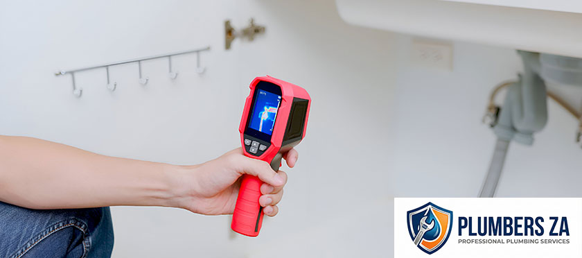 Plumber checking leaking water pipes with thermal leak detection equipment in Gauteng